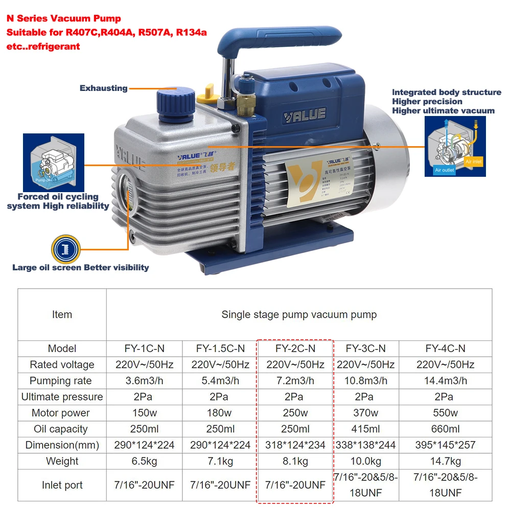 VALUE FY-2C-N Vacuum Pump Refrigeration 2L 7.2m³/h Vacuum Pump for Air Conditioning 220V Mini Pump Refrigeration Repair Tools