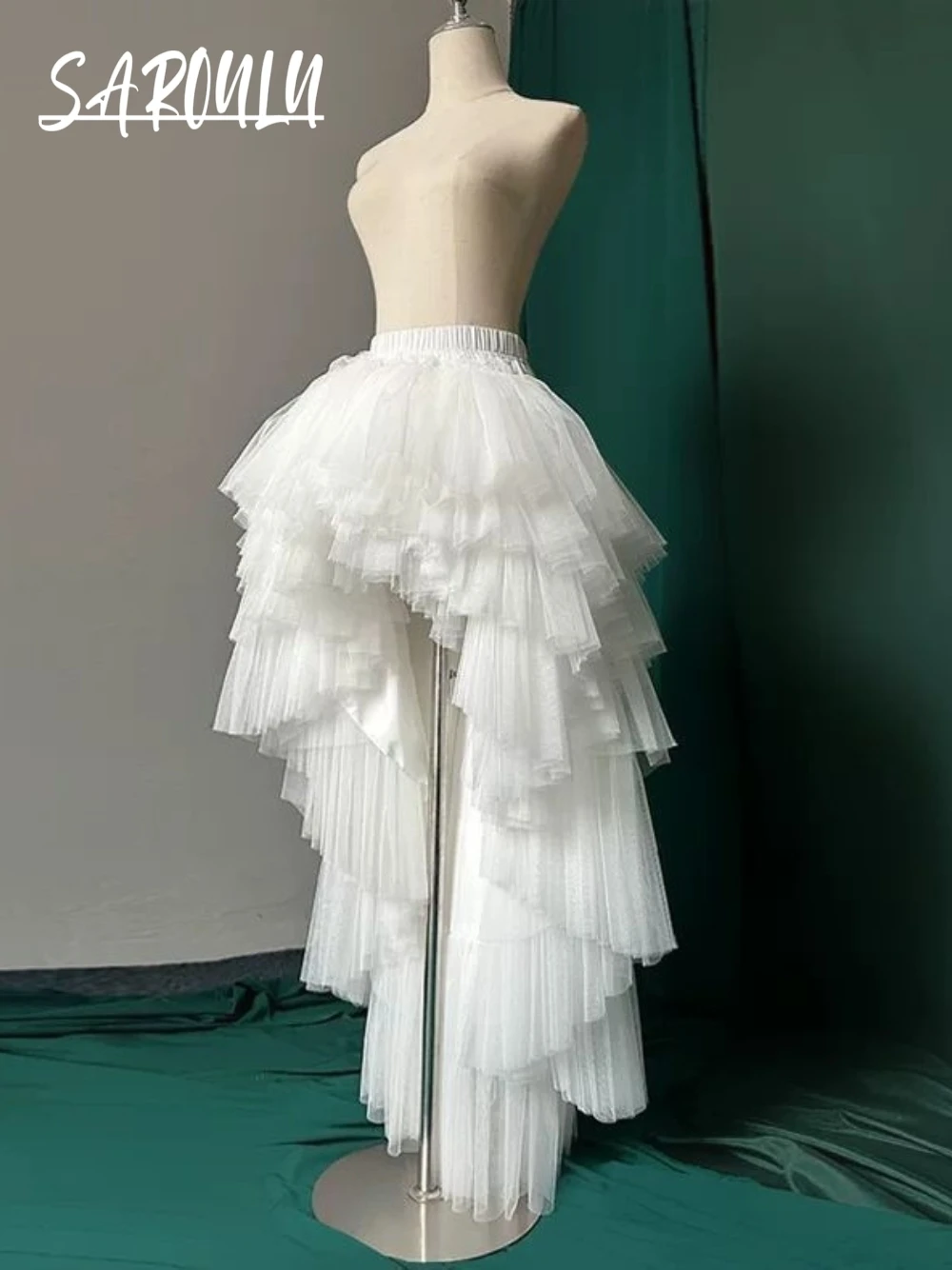 3 Farben Asymmetrischer Mehrschichtiger Tüll-Petticoat Gerüschter High-Low Braut-Unterrock Elastische Taille Voluminöser Prinzessinnen-Feenrock