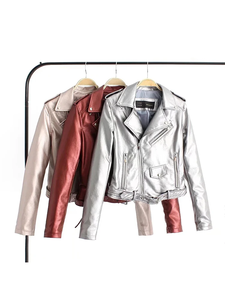 Traf Silver Leather Jacket Women 2023 Metallic Motorcycle Short Jackets Lapel Zipper Biker Coat Soft Ladies Punk Streetwear Coat