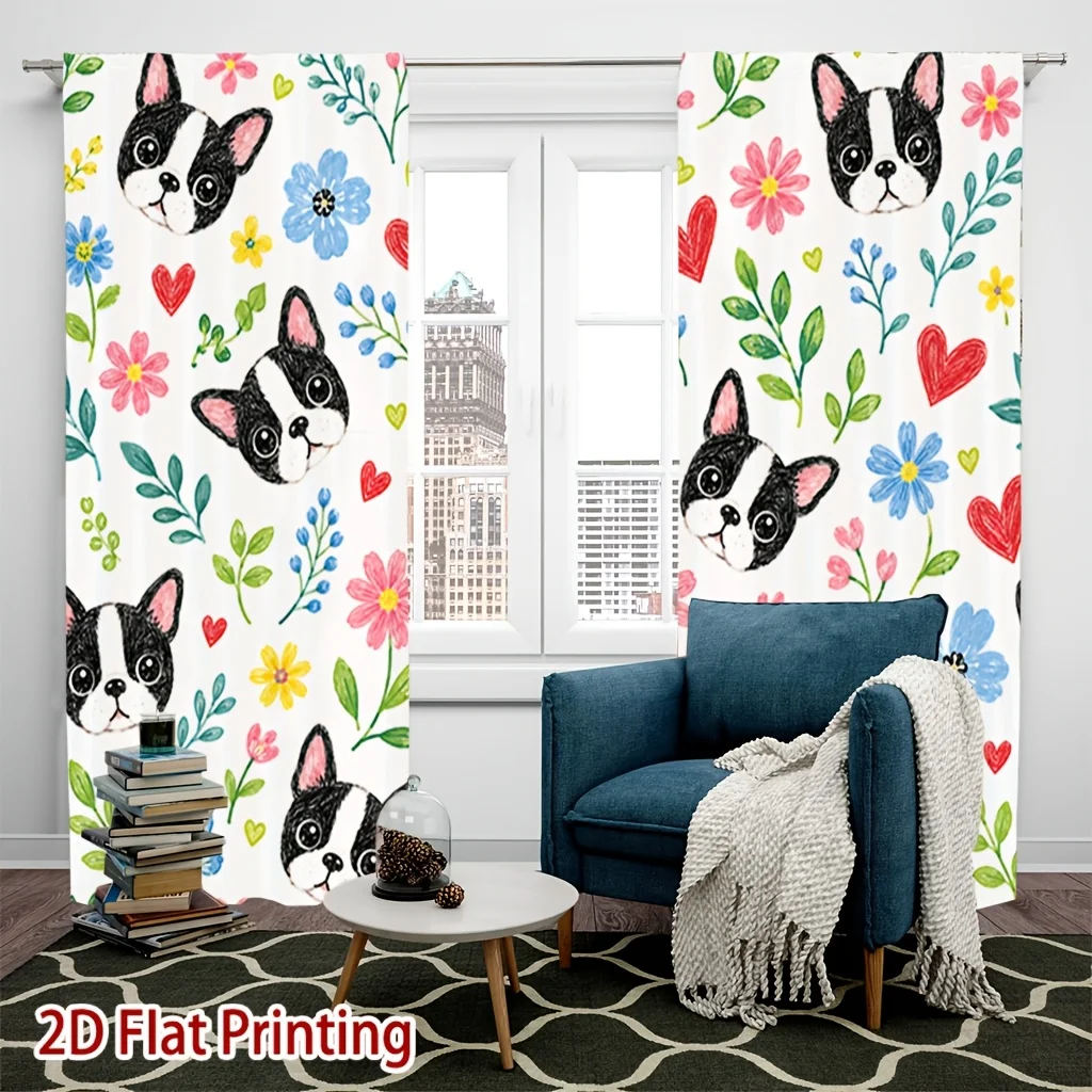 Cute Dog Curtain Panels, French Bulldog Bright Flower Heart Leaf Pattern Drapes for Girls Cozy Bedroom Home Window Decoration
