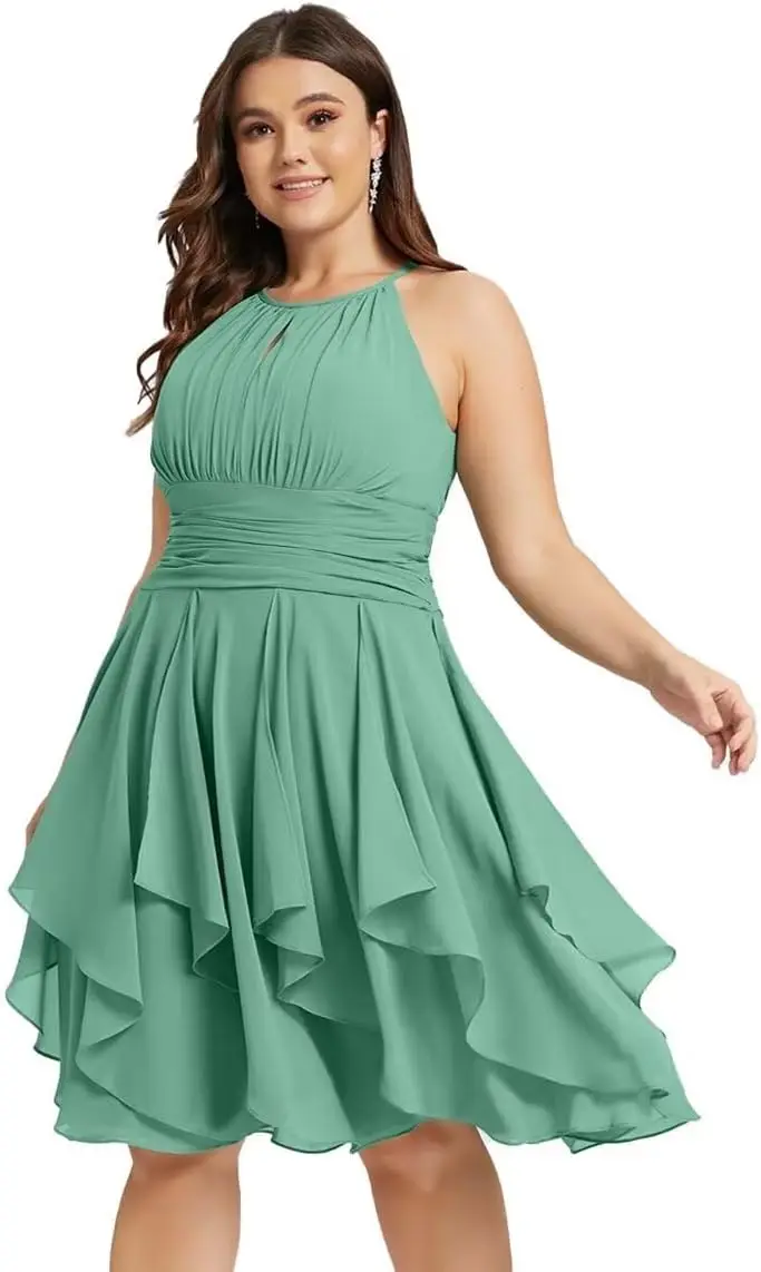 Chiffon Short Bridesmaid Dresses for Women Halter Cocktail Dresses Ruffle Formal Wedding Guest Dress with Pockets Prom Dresses