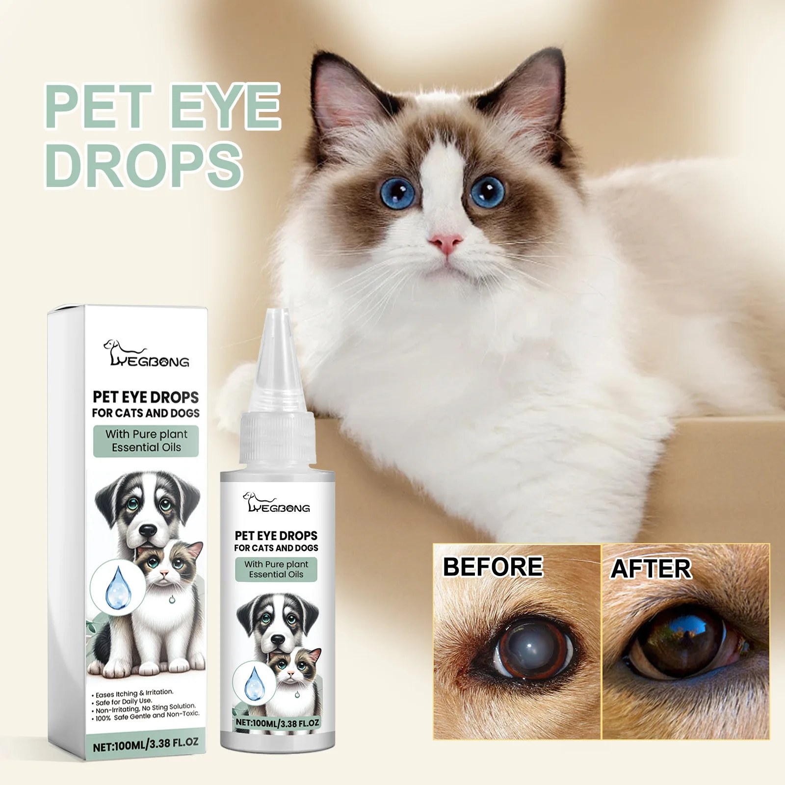 Yegbong Cat and Dog Eye Care Eye Drops, Pet Eye Cleaning Eye Care Eye Drops To Remove Tear Stains