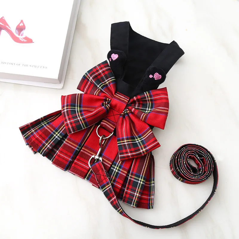 Plaid Dog Dress Bow Tie Harness Leash Set  for Summer Clothes for Bunny Rabbit Cat Clothes Yorkie Chihuahua Training Walking