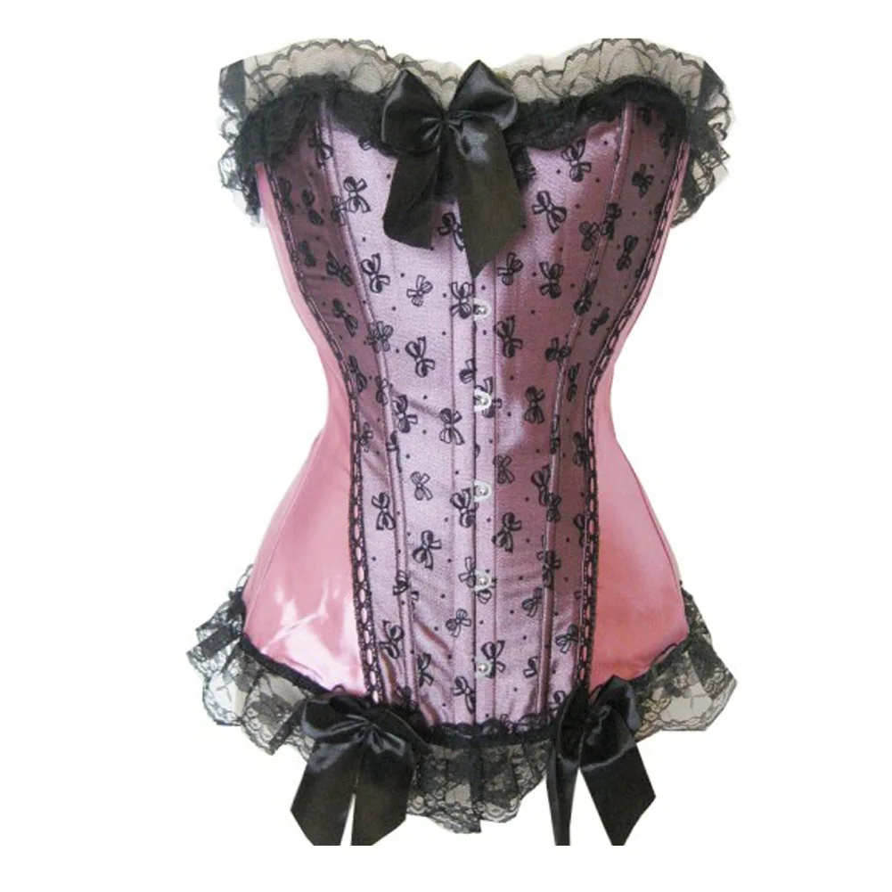 Pink Black Sexy Satin Overbust Corset Top Mesh Lace Bowknot Decorated Clubwear Showgirl Burlesque Body Shaper Bustier Lingerie