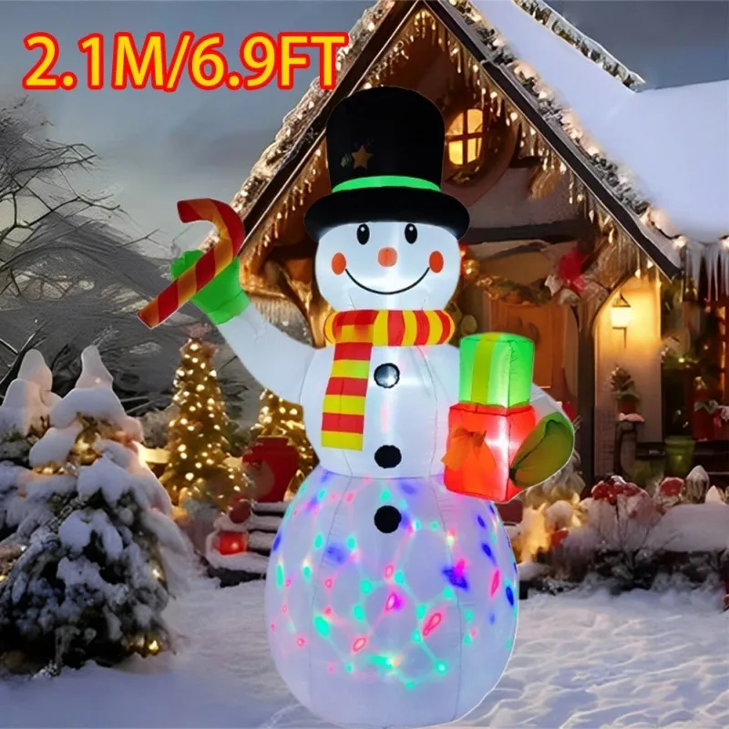 

Christmas Decorations Inflatable Toys Cane Snowman with Gift Built-in LED Lights Inflated Model Outdoor Ornament Garden Decor