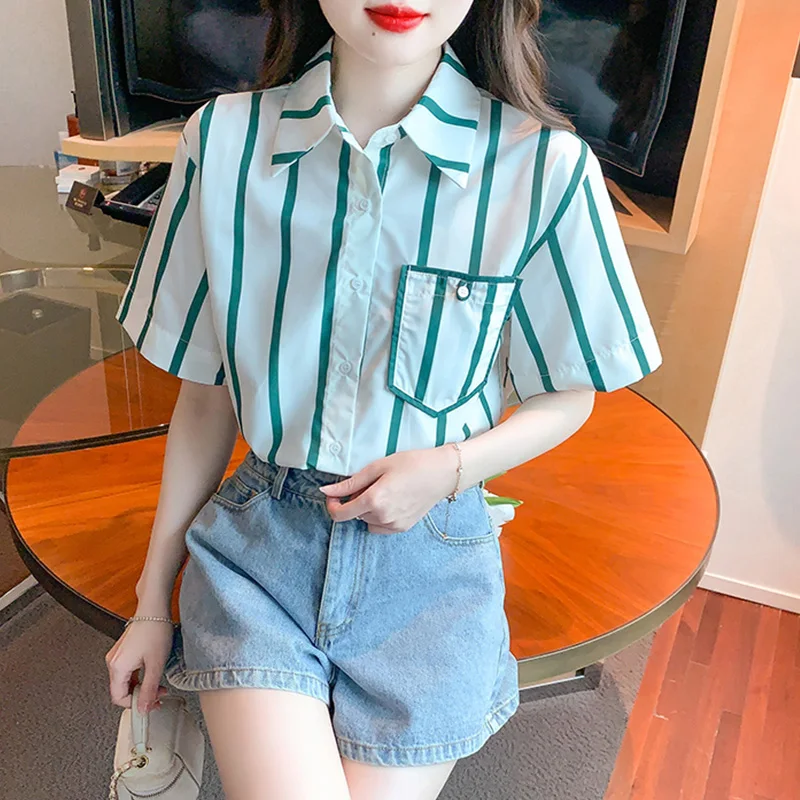 2024 New Summer Solid Color Print KPOP Fashion Style Chic Women's Shirt Office Lady Short Sleeve Shirt Collar Pocket Striped Top