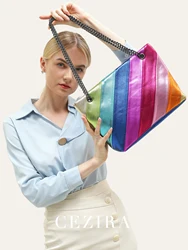 CEZIRA Metallic PU Leather Shoulder Bag Women Colorful Rainbow Stripes Patchwork Tote Large Capacity Chain Cross Body Handbags