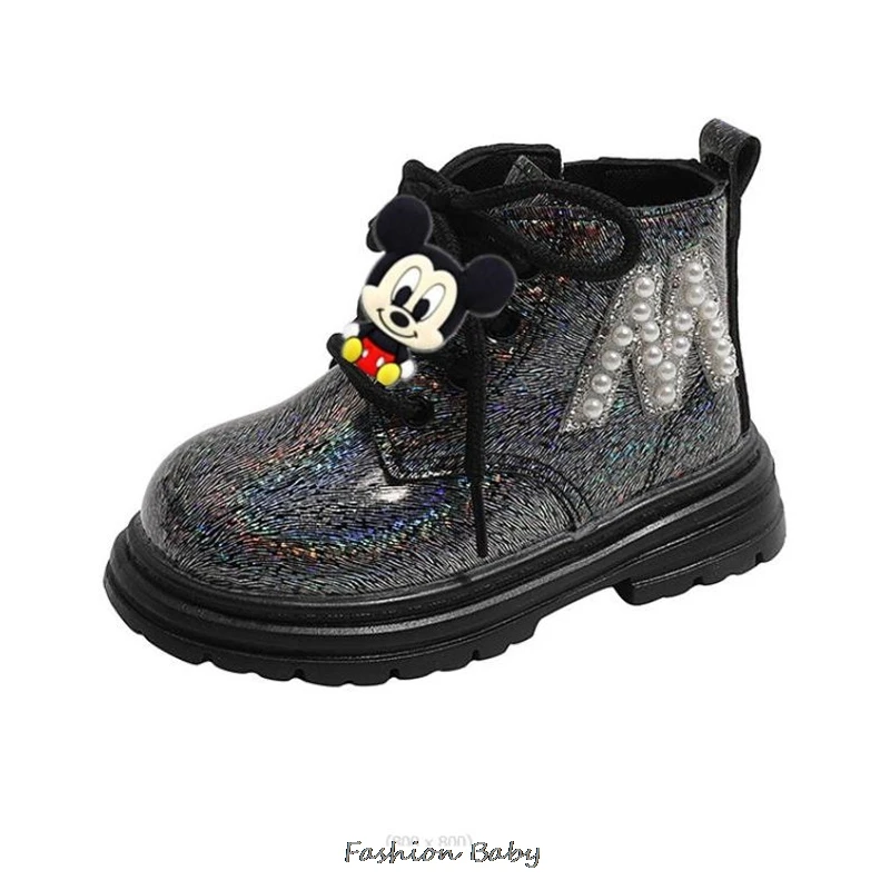 Bota Kid Boots Kid Fashion Boots Mickey Minnie Boys British Beads Short Boot Girl Ankle Boots French Boy/ Girls Boots Kid Shoes