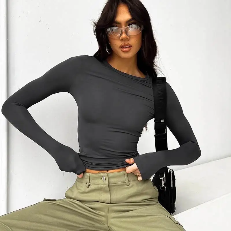 Camiseta básica redonda Ne Long Sve para mujer Top Street Sle Slim Fit Color Cross Print Cool Sensation Regular Thin