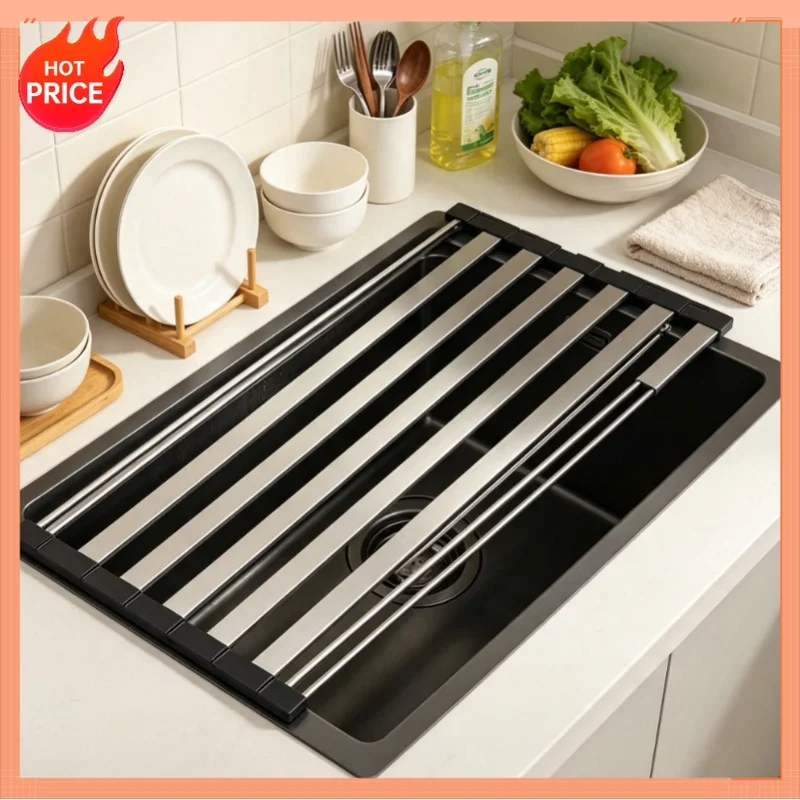 304 stainless steel kitchen sink drain rack, sink bowl and dish storage rack, foldable and retractable drain basket