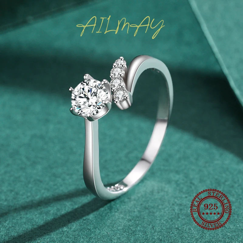 Ailmay Genuine 925 Sterling Silver Luxury AAAAA Level Sparkling Zircon Finger Ring For Women Classic Wedding Statement Jewelry