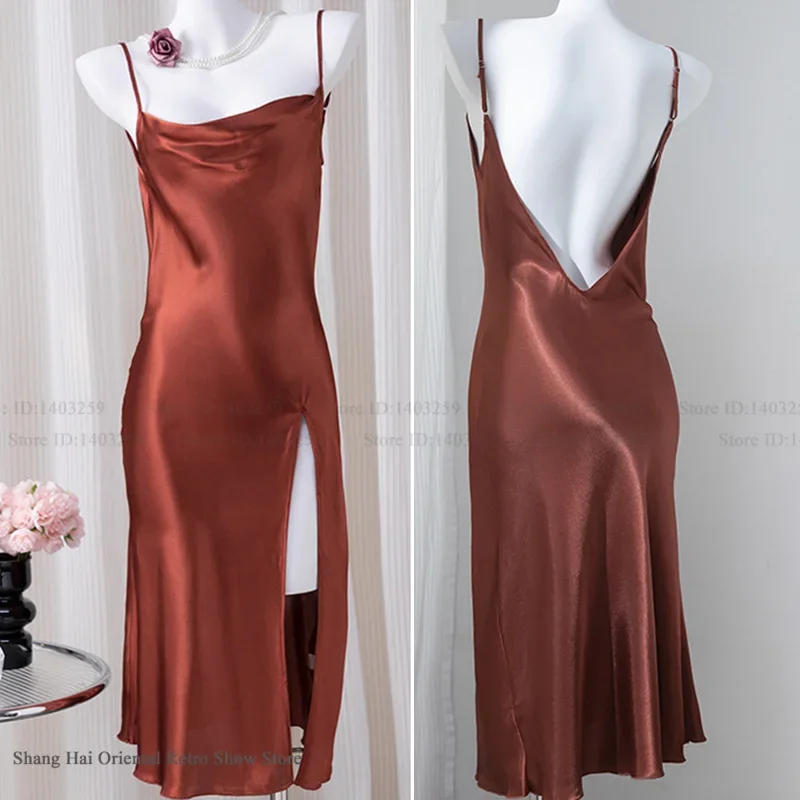 

Summer New Women Nightgown Sleepwear Sexy Backless Split Suspender Nightdress Intimate Lingerie Silky Satin Home Dress Oungewear