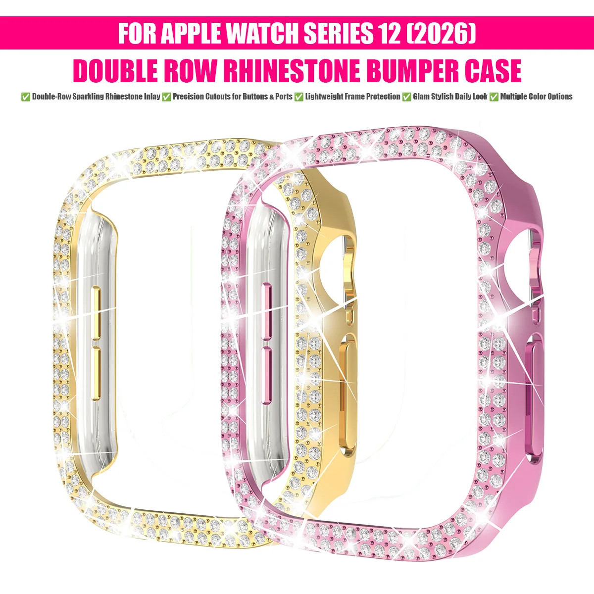 Fashionable PC material double-row rhinestone hollow protective case for Apple Watch 42mm 46mm, compatible with Series 12(2026)