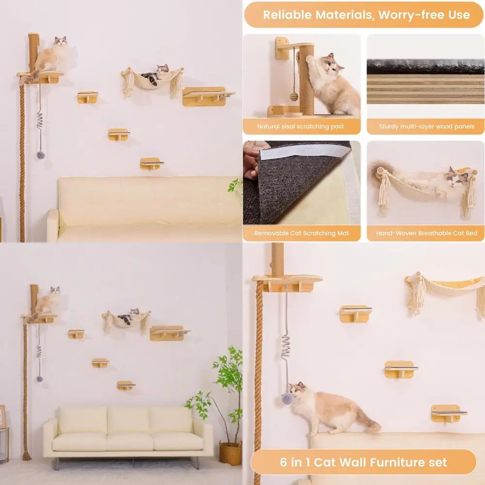

Cat Wall Shelves, Large Wall-Mounted 6-in-1 cat Furniture Set (Climbing Rope+Sisal Scratching Post+Macrame Resting Hammock+Inter