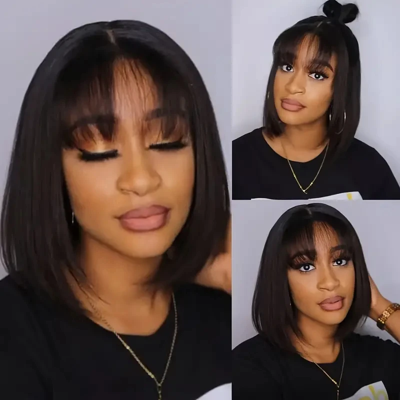 HAIRTIME Bob Straight Short Bob Glueless Wig with Bangs HD Lace 180% Density Glueless HD Lace Bob With Bang Glueless Wigs