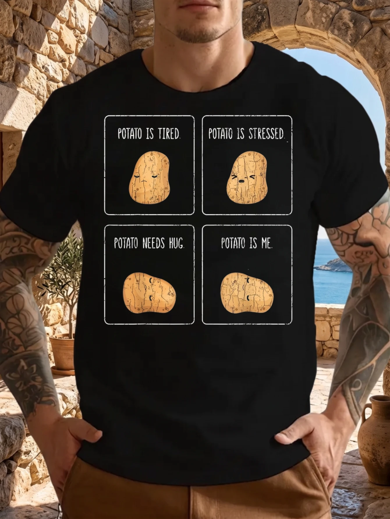 1 Stück 100% Baumwolle Unisex T-Shirt mit Aufdruck „Kartoffel ist müde, gestresst, braucht einen Kuss, bin ich es“ O-Ausschnitt Kurzarm T-Shirt, Übergröße, bequeme Freizeitkleidung, maschinenwaschbar