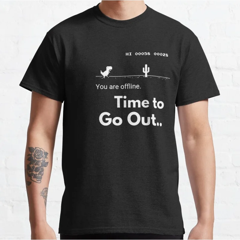 No internet time to go out Funny offline t rex 90s cartoon pixel video game dinosaur T-shirt for men large size Adult Tops S-6xl