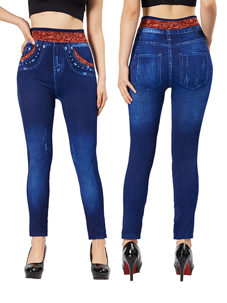 CUHAKCI tasche per cintura rosse stampate Leggings in Denim da donna finti Slim Fit Elastic Faux Jeggings pantaloni a matita in Denim finto blu scuro