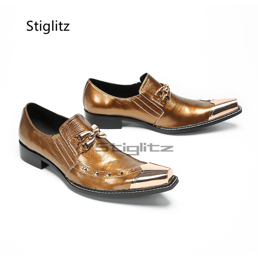 Metallic Gold Slip On Loafers for Men Rivet Buckle Metal Pointed Toe Low Heel Genuine Leather Formal Dress Wedding Party Shoes