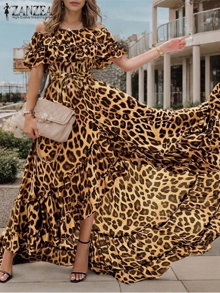 

ZANZEA Women Sexy Leopard Dress Fashion Off Shoulder Summer Robe Casual Loose Waisted Sundress 2025 Vintage Beach Maxi Dresses
