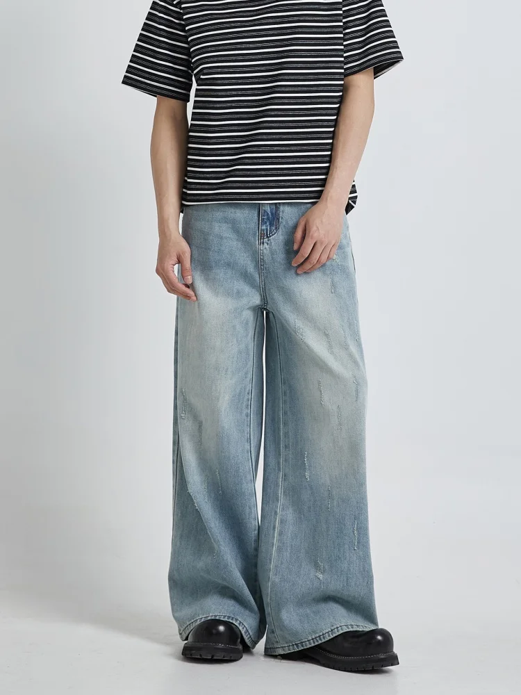 الرجعية الأمريكية Waed الرجال مستقيم الساق واسعة الساق الجينز الصيف جديد Sle التخسيس فضفاض ثنى الطابق طول الدنيم السراويل