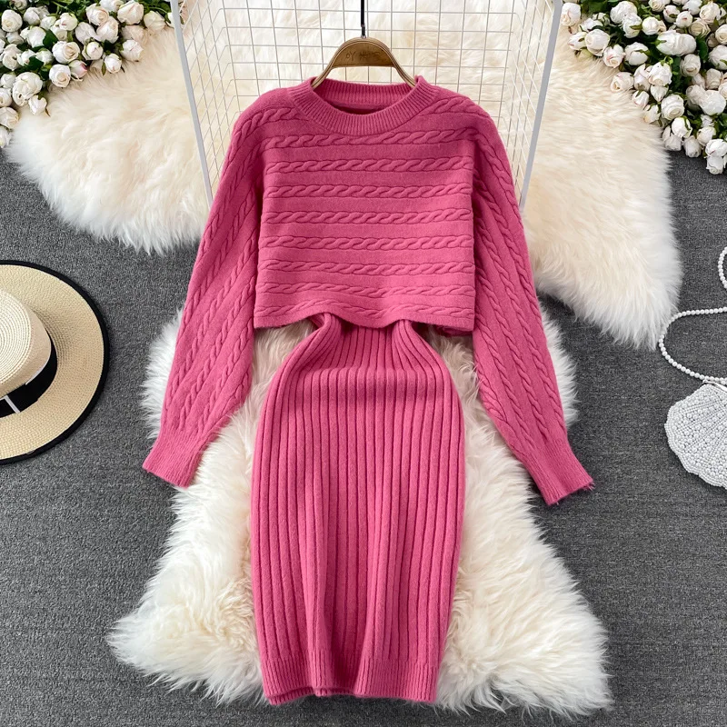 Autumn Winter Women's Knitted Dress Set Fashion Casual Solid Colour Round Neck Loose Pullover Jumper Slim Halter Dress 2pcs Set