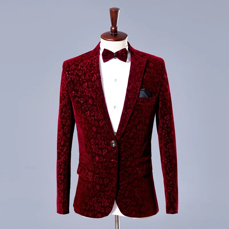 Mens Two Piece Suits with Pants Wine Red Jacquard Velvet Suit Men Party Wedding Suits Men Stage Singer Costume Homme Mariage XXL