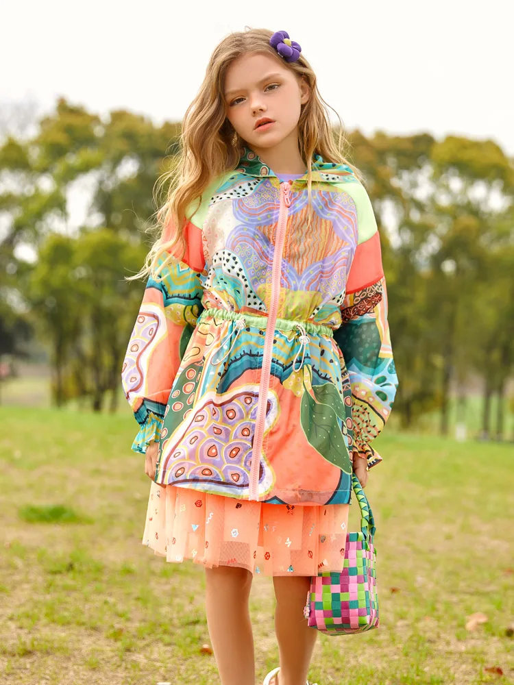 Girl Trench coat Printed Long Sleeve Tie Dye Thin jacket