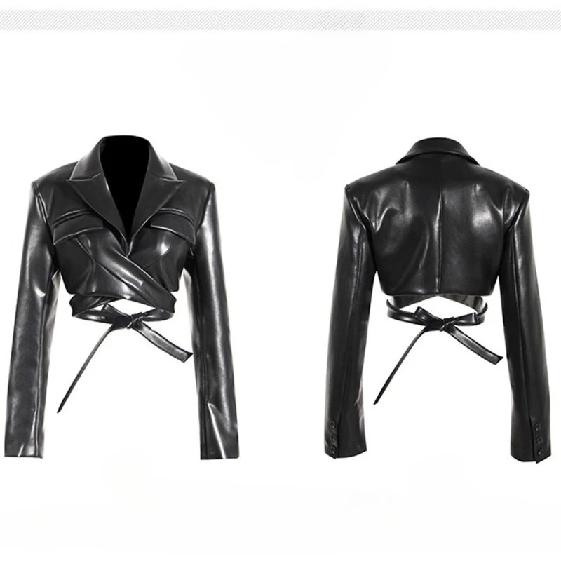 

Y2k Women Spring Autumn Outerwear Leather Jacket Tie Belt Waist Long Sleeve Retro New Design Simple Fashion Design Brand Trends