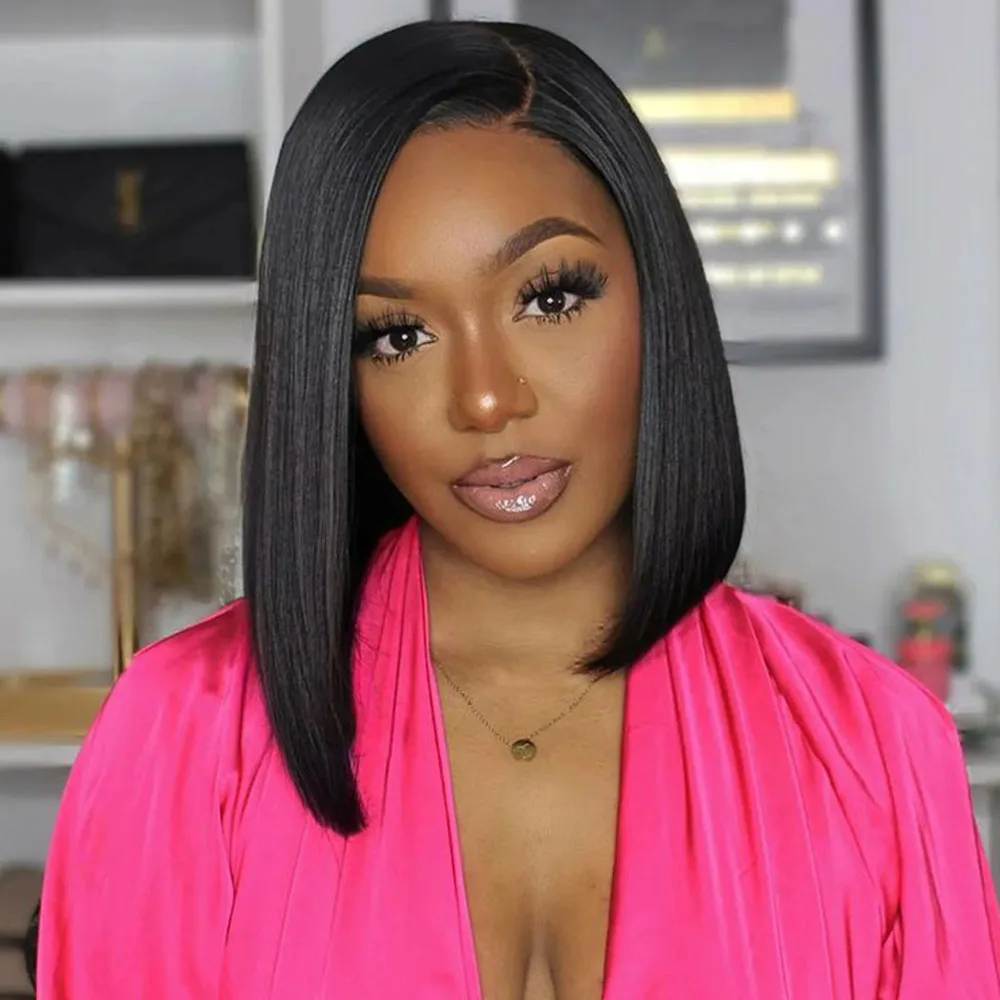 

Pre Plucked Brazilian Human Hair Wigs Side Part Bob Wig for Women Natural Color T Part Lace Remy Straight Human Hair Wigs