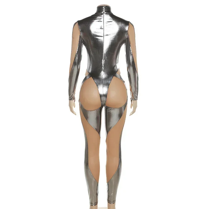 Cosplay Disfraz Halloween 2024 Women Game Movie Tight Jumpsuit Alien Robot Mesh Hollow Silver Strip Bodysuit Costumes Carnival