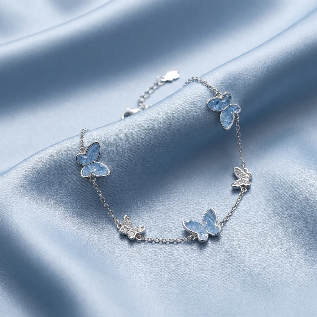 Boho Sommer Strand Exquisites Schmetterlings-Armband für Frauen und Teenager Romantischer Ozeanblauer Kristall-Charm Armreif Urlaubs-Schmuck Geschenk – Detail 4