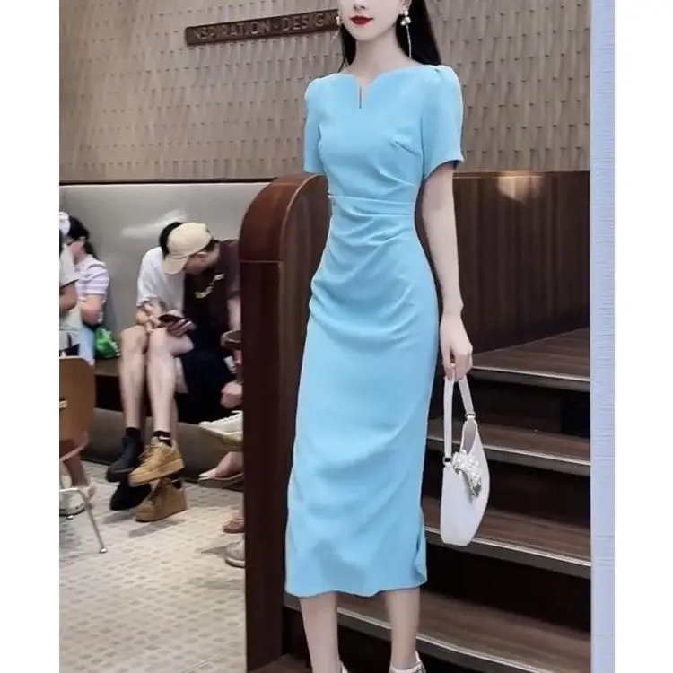Fashionable V-Neck Sleeve Mosaic Pouch Buttoned Slim Stretch Pants OL Commuter Knee Professional Women's Pencil Dress G27