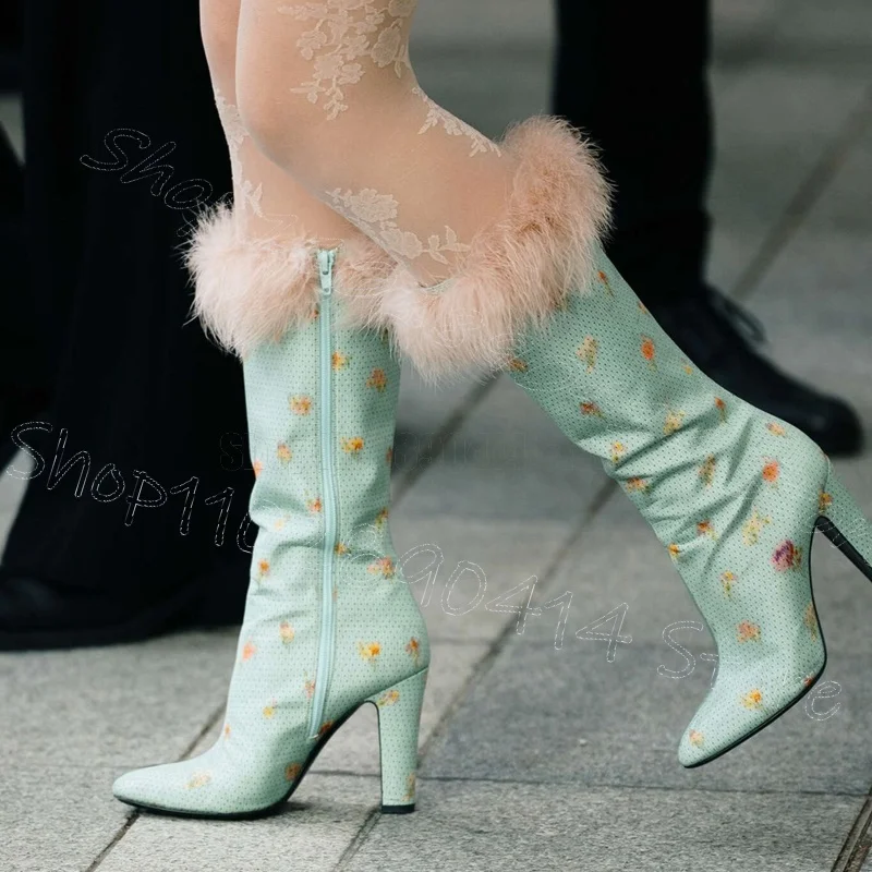 

Floral Print Feather Design Pointed Toe Boots Side Zipper Women Shoes Chunky High Heels Banquet Runway 2025 Zapatos Para Mujere