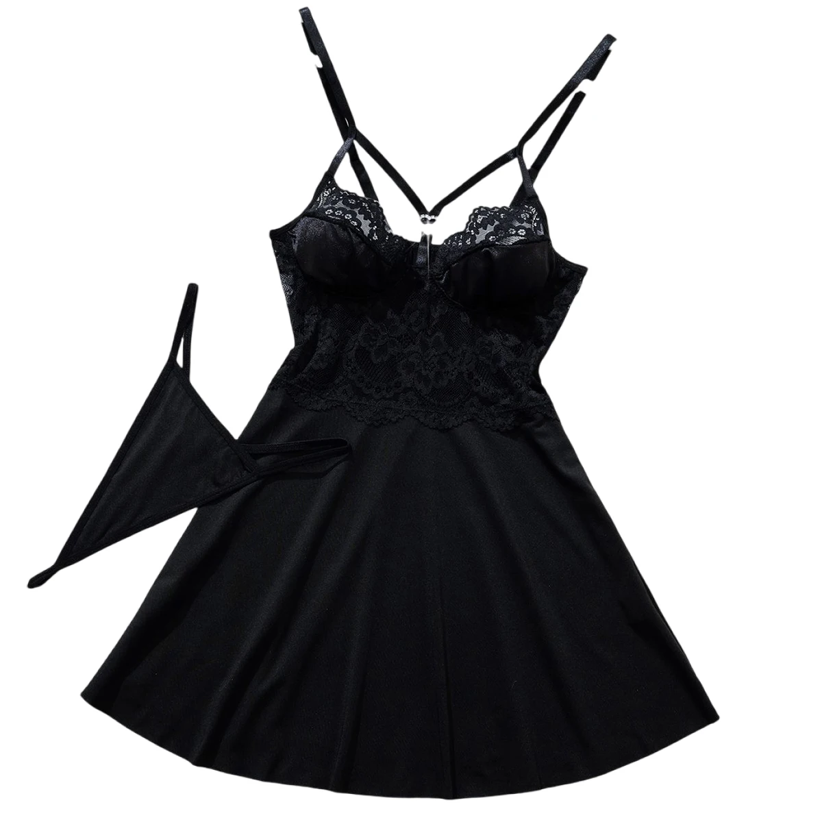 Nuevo camisón Sexy de encaje negro, conjunto de Babydoll, lencería Floral transparente romántica para mujer, falda erótica, Mini vestido, gran oferta, conjunto de tangas