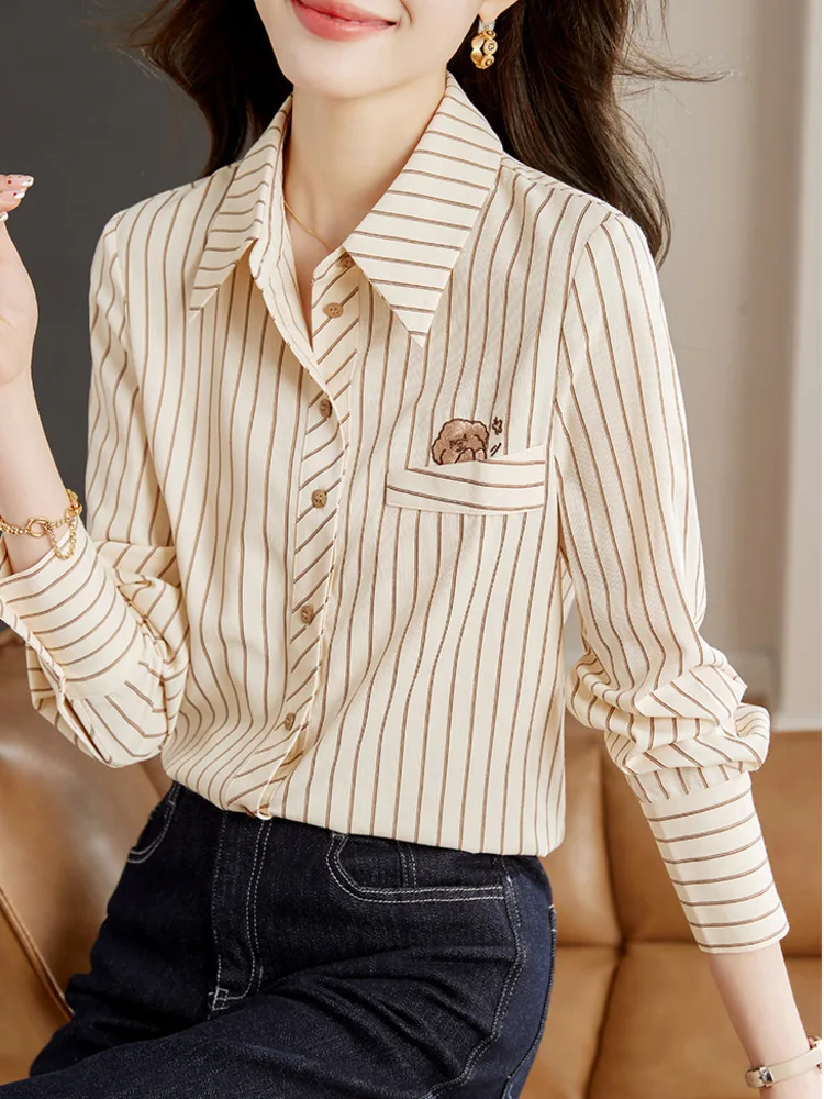 #3258 Striped Shirts Long Sleeve Embroidery Office Shirts Women Single Breasted Womens Tops And Blouses Regular Fit France Style