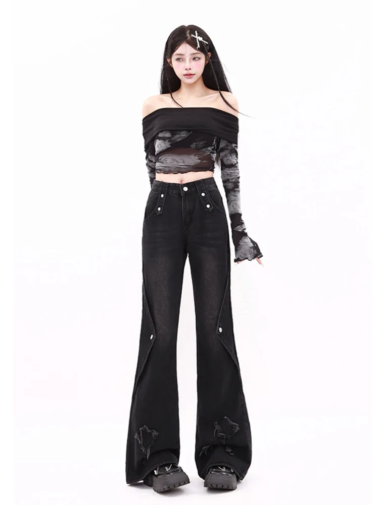 Summer Women Korean Fashion Black Flare Jean Y2k Japanese Streetwear Low Rise Bell Bottoms Denim Pants Long Trousers 2000s Kpop