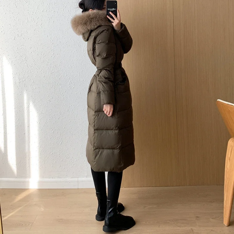 New Winter Women Large Real Fox Fur Collar Hooded Down Jacket Long Luxury High Waist Puffer Coat Thick Warm Windproof Snow Parka