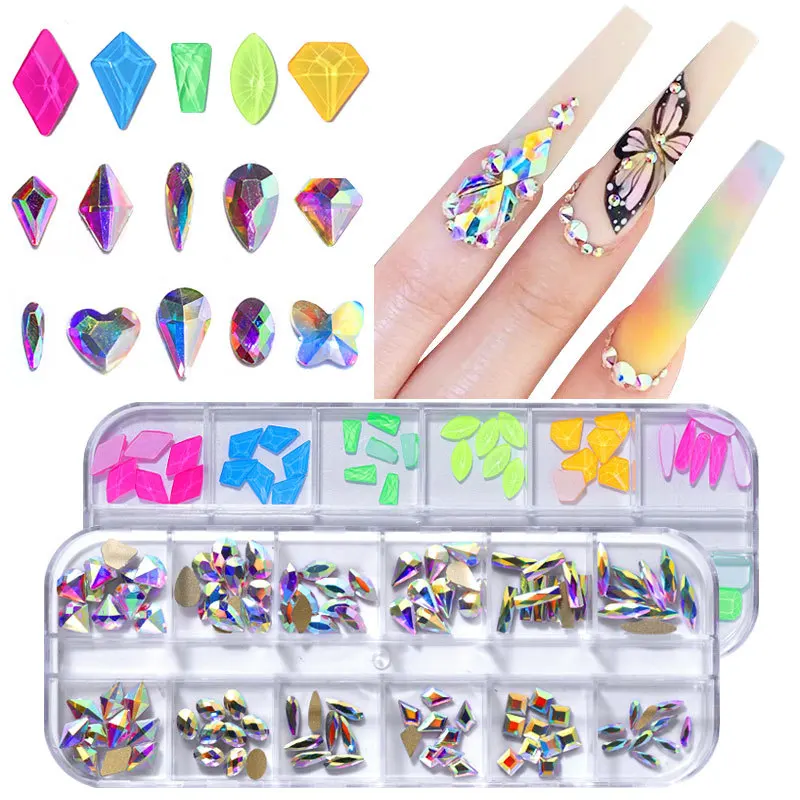 AB Cristal Rhinestones Set, DIY Nail Art Decorações, Flatback Gems para Artesanato, Caixa de 12 Grelhas