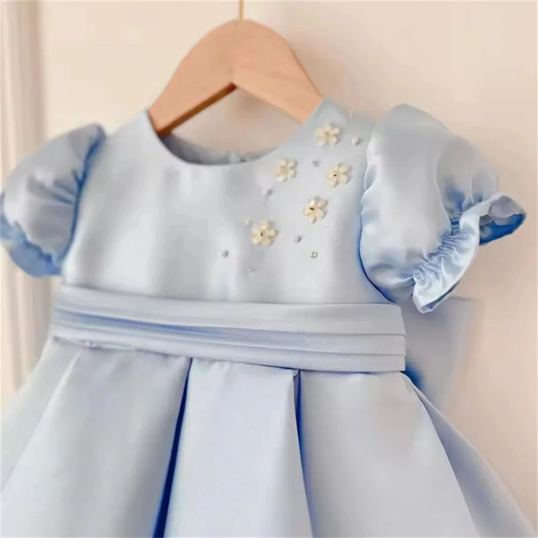 Customized Blue Flower Girl Dress For Wedding Appliques Pearls Bow Short Sleeve Floor Length Kids Birthday First Communion Gown