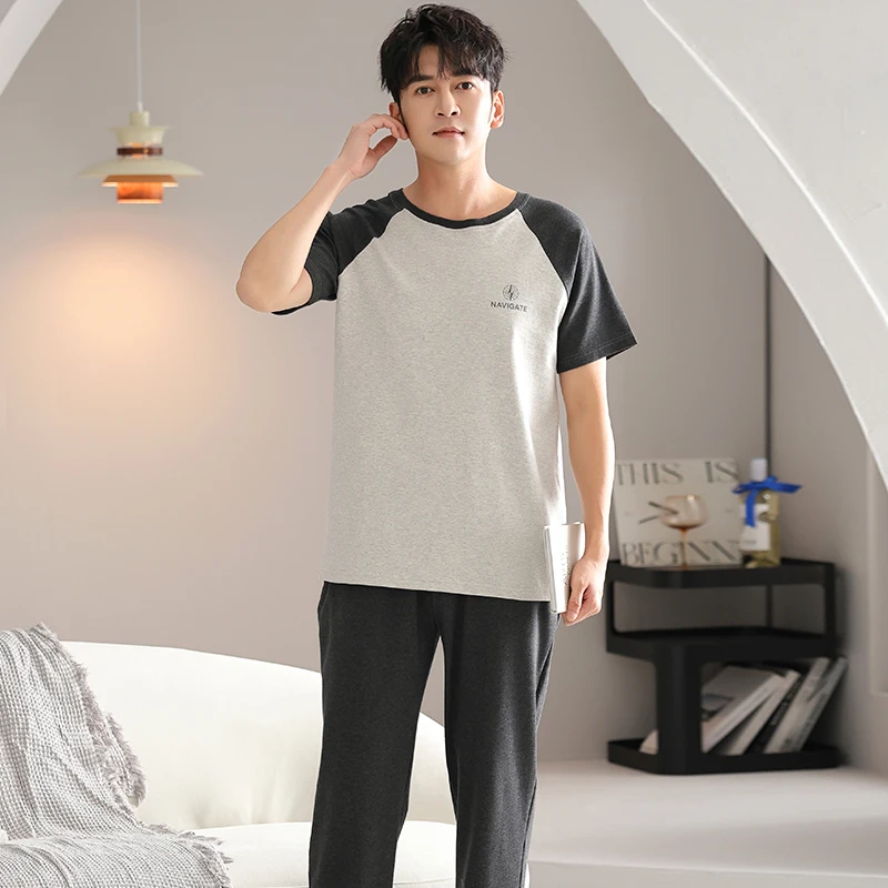 Big Size M-4XL Men Casual Pajamas Set Summer Short Sleeve Sleepwear Male 100% Cotton Pijamas