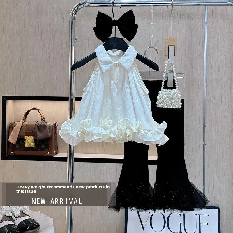 

Костюм для девочки, лето 2020, новые модные детские расклешенные брюки, рубашка без рукавов, летняя одежда из двух предметов для девочек