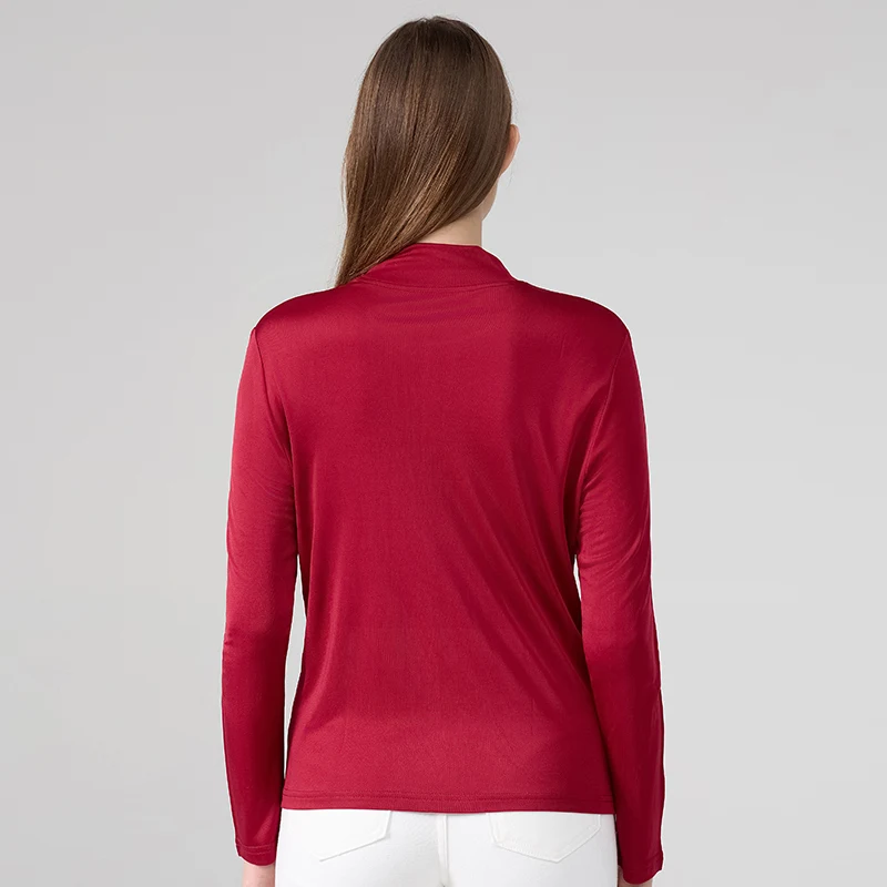 New Women 25% Real Silk Semi-High Neck Long Sleeve Base Layer 100% Mulberry Silk Loose Plus Size Solid Color Warm Top