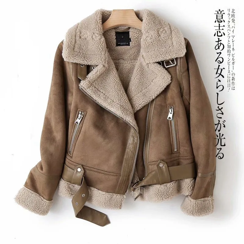 Autumn and Winter European and American Style Suede Suede Fur Integrated Lamb Wool Warm Coat Motorcycle Wear for Women