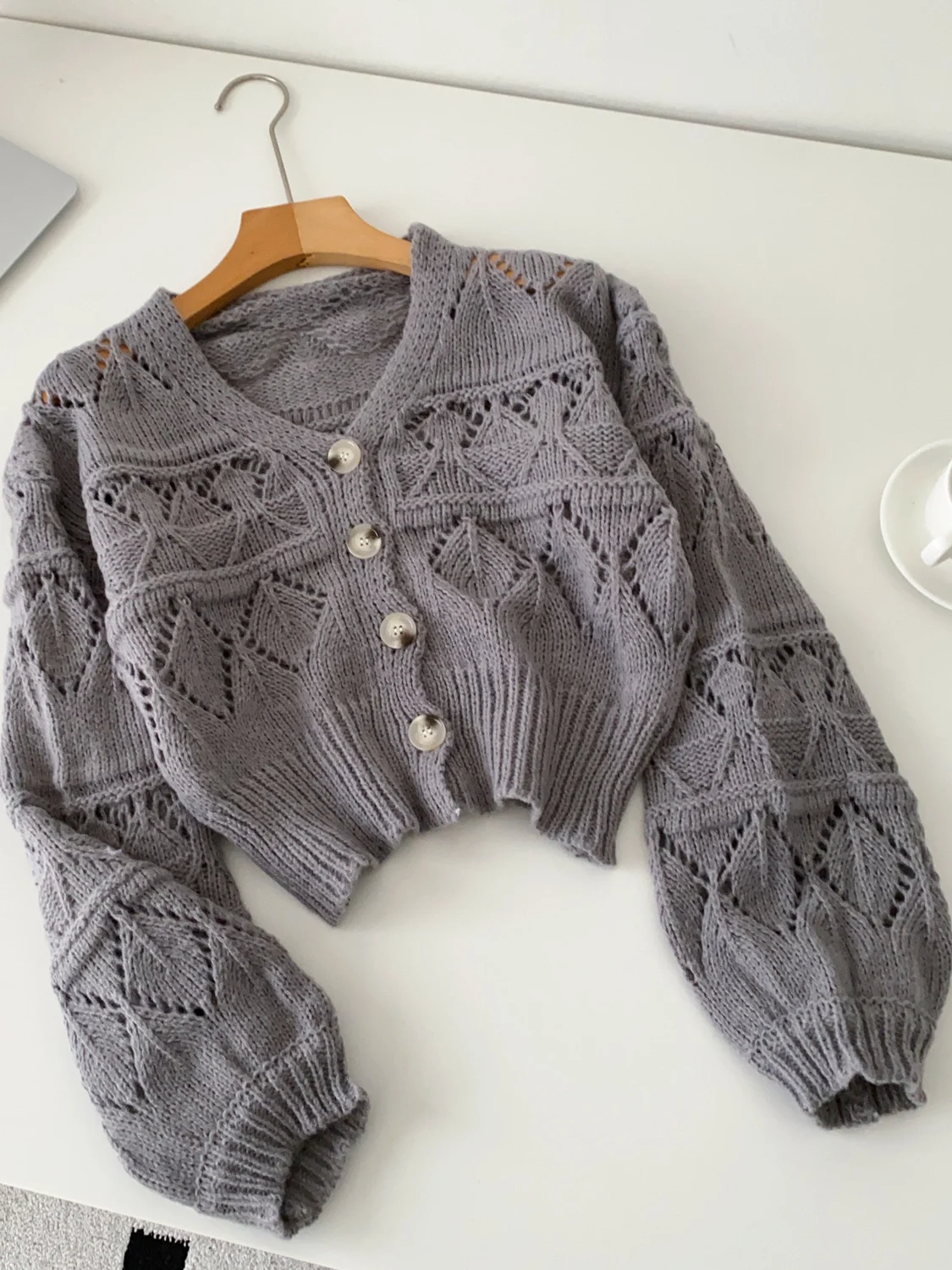

2026 New Autumn Women V-neck Long Sleeve Knitted Cardigan Hollowed Out Crochet Single Breasted Solid Short Sweater Tops