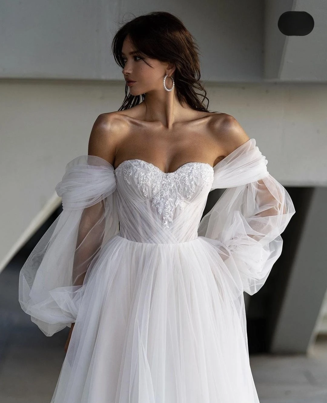 Princess Long Puff  Sleeve Wedding Dress Floor Length Side Slit A-Line Customzie To Measures Robe De Mariee Organza Beading