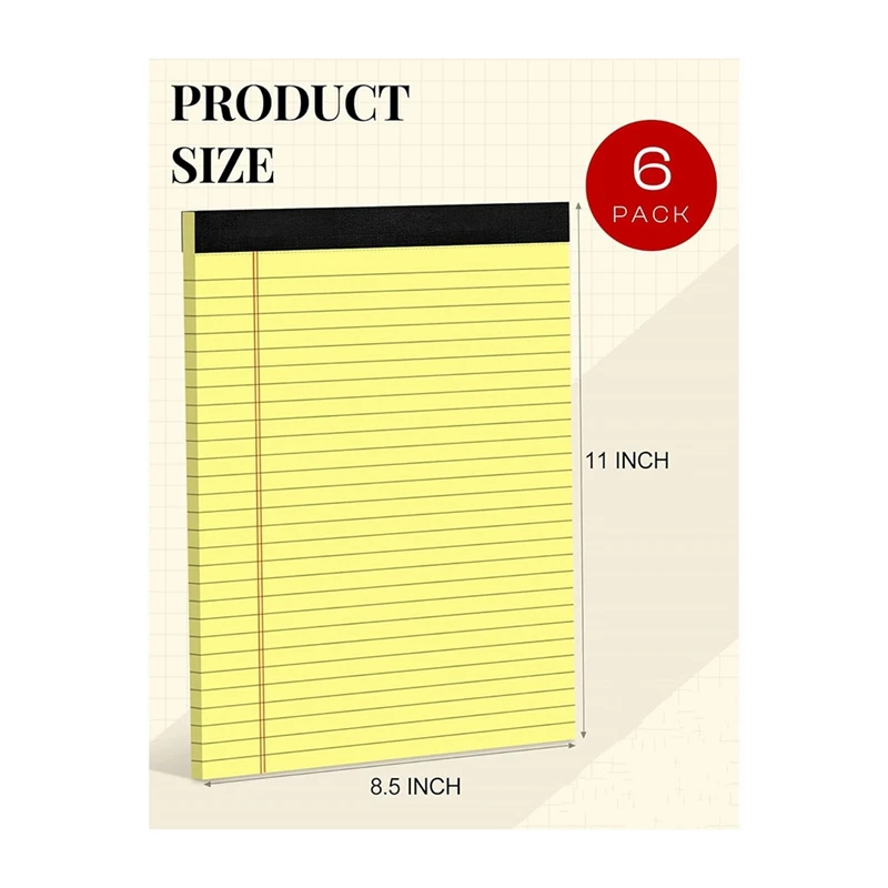 6 Pack Yellow Note Pads 8.5 X 11.75Inch Narrow Ruled Lined Writing Note Pads Yellow Paper Pads College Ruled Note Pad