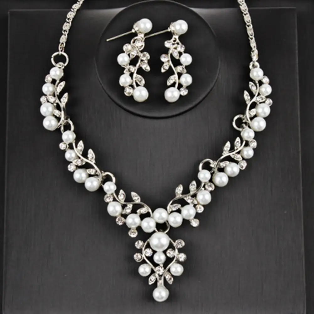 African Gifts Fashion Engagement Crystal Women Necklace Simulated Imitation Pearl Silver Plated Jewelry Sets Bridal Wedding