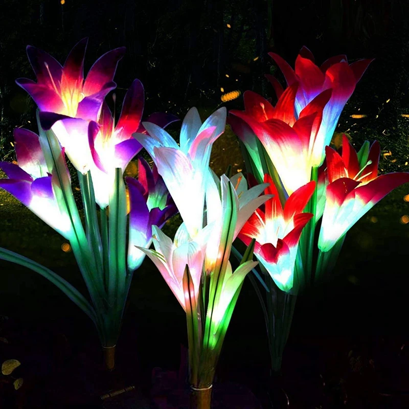 3ชิ้นสีม่วงสีขาวและสีชมพูลิลลี่ไฟแสงอาทิตย์กันน้ำหลอดไฟประหยัดพลังงานพลังงานแสงอาทิตย์ LED สำหรับสวนระเบียงสวนหลังบ้าน