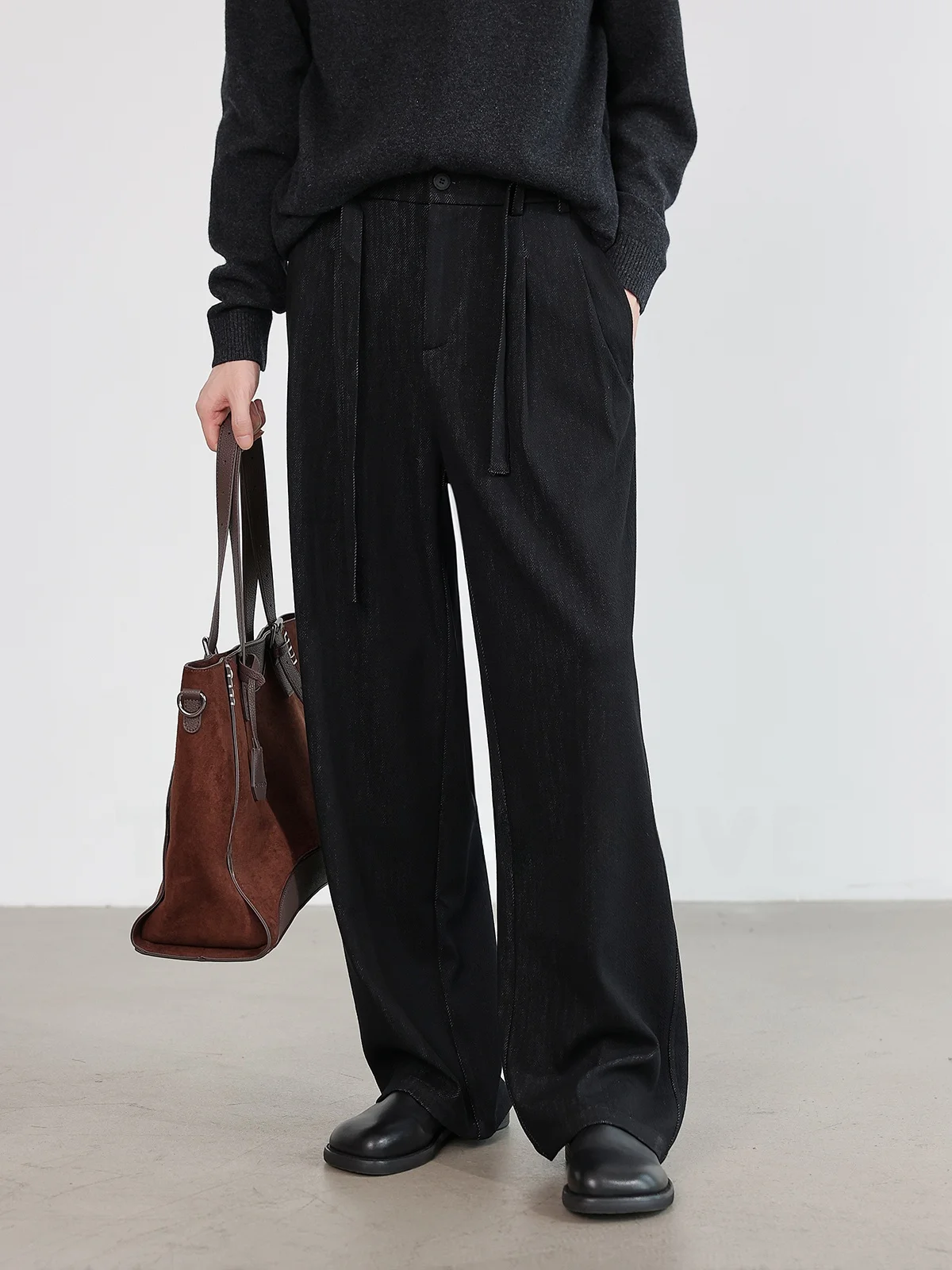 Casual Loose Straight Leg Men's Pants Belted Comfortable Polyester Blend Anti-Wrinkle Autumn Fashion Versatile Long Trousers